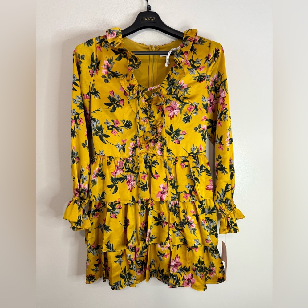 AVEC LES FILLES NWT Floral Print Ruffle Dress in Yellow in size 12